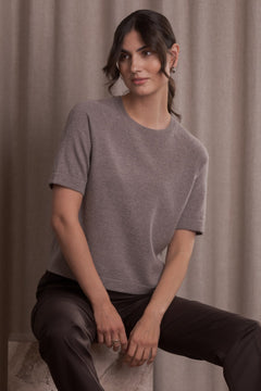 Short-Sleeved Plain Cashmere Sweater Nougat
