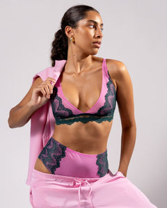 Lace Mesh Plunge Bralette Pine/Candy Pink