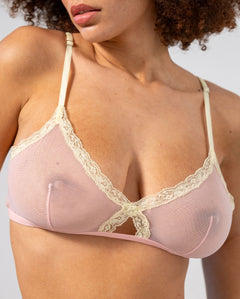 Mesh Lace Cut-Out Triangle Bralette Powder Pink/Light Yellow
