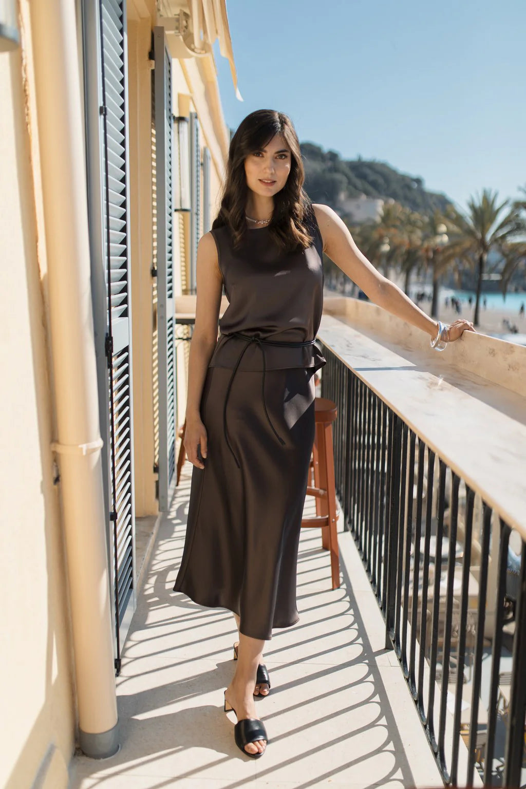 Tia Sleeveless Satin Top Dark Chocolate