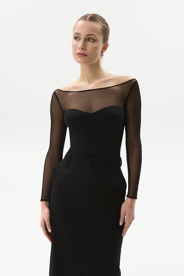 Bardot Body With Mesh Sleeves Black