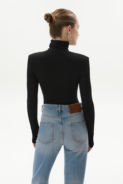 High Turtleneck Bodysuit With Shoulder Pads Black