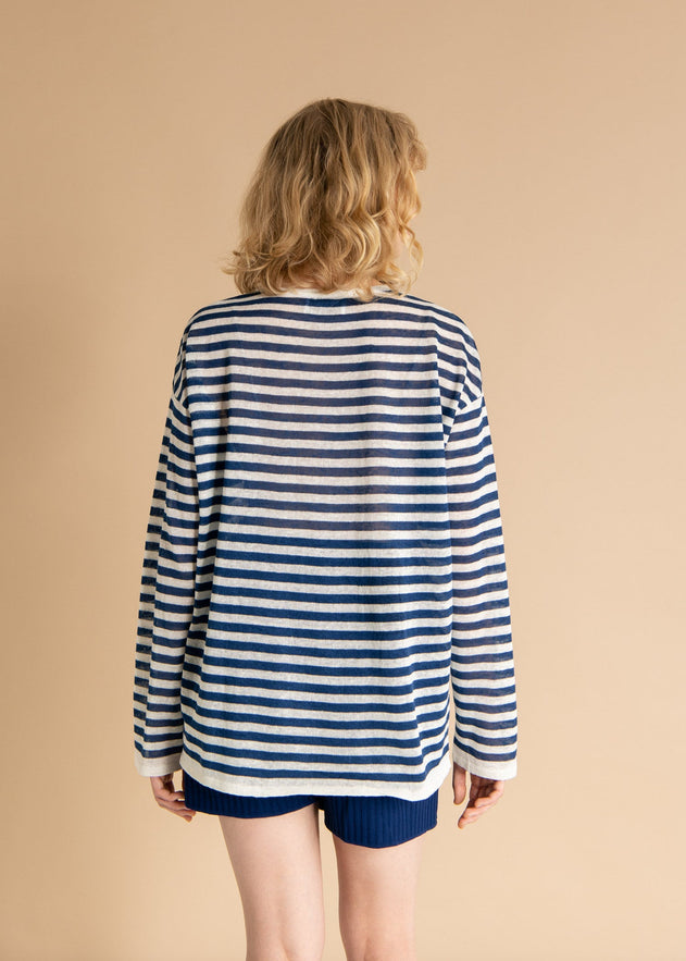 Tanto Unisex Linen Long-Sleeve Top Navy Striped