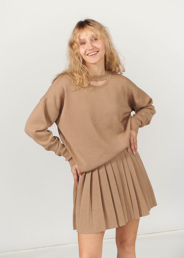 Piccolo Pleated Merino Mini Skirt Beige