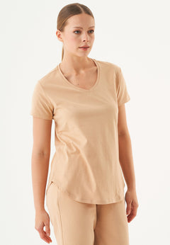 Tuba Basic Organic Cotton V-Neck T-Shirt Beige