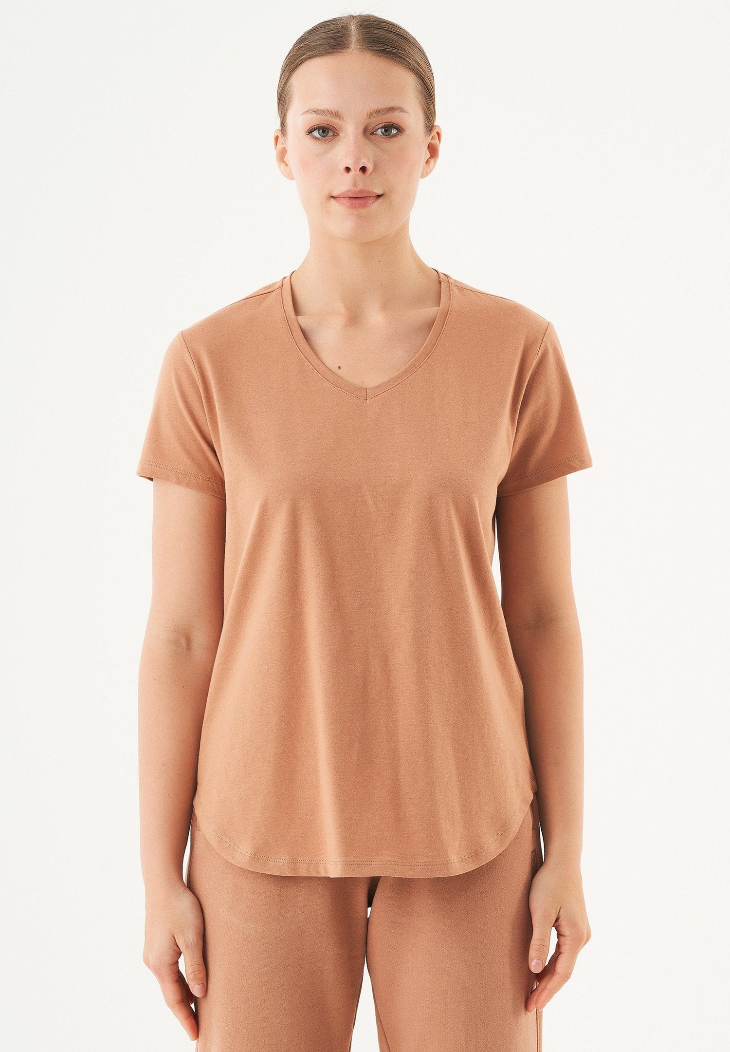 Tuba V-hals T-shirt Lichtbruin