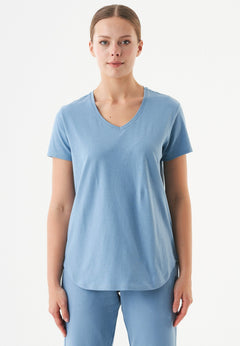 Tuba Basic Organic Cotton V-Neck T-Shirt Steel Blue