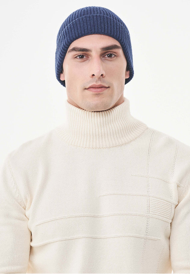 Ribbed Merino Wool Blend Beanie Petrol Blue