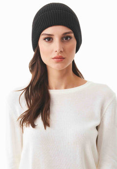 Ribbed Merino Wool Blend Beanie Black