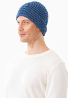 Ribbed Merino Wool Blend Beanie Blue