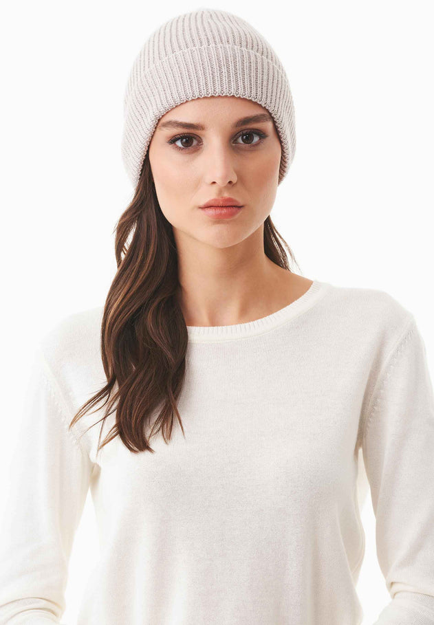 Ribbed Merino Wool Blend Beanie Stone