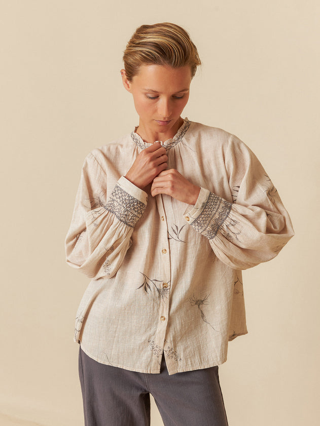 Flower Print Shirt With Smocked Details Beige