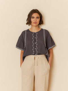 Embroidered Trapeze Shirt Charcoal