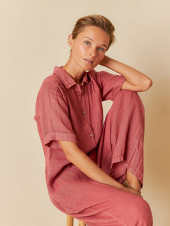 Linen Shirt Jumpsuit Red