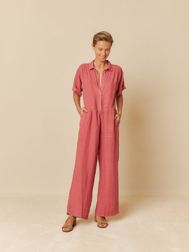 Linen Shirt Jumpsuit Red