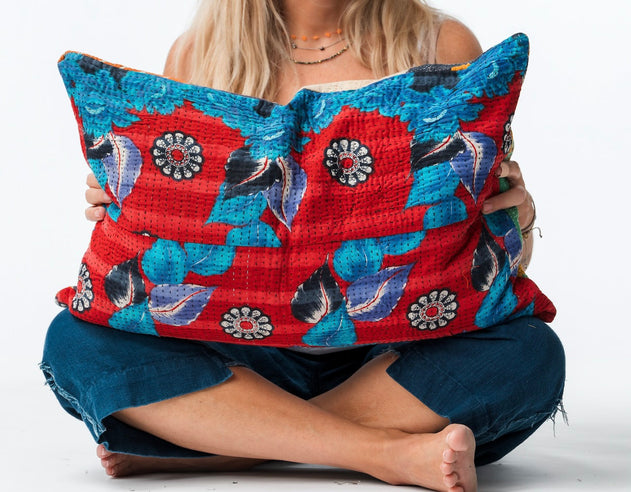 Vintage Kantha Pillowcase Red/Blue