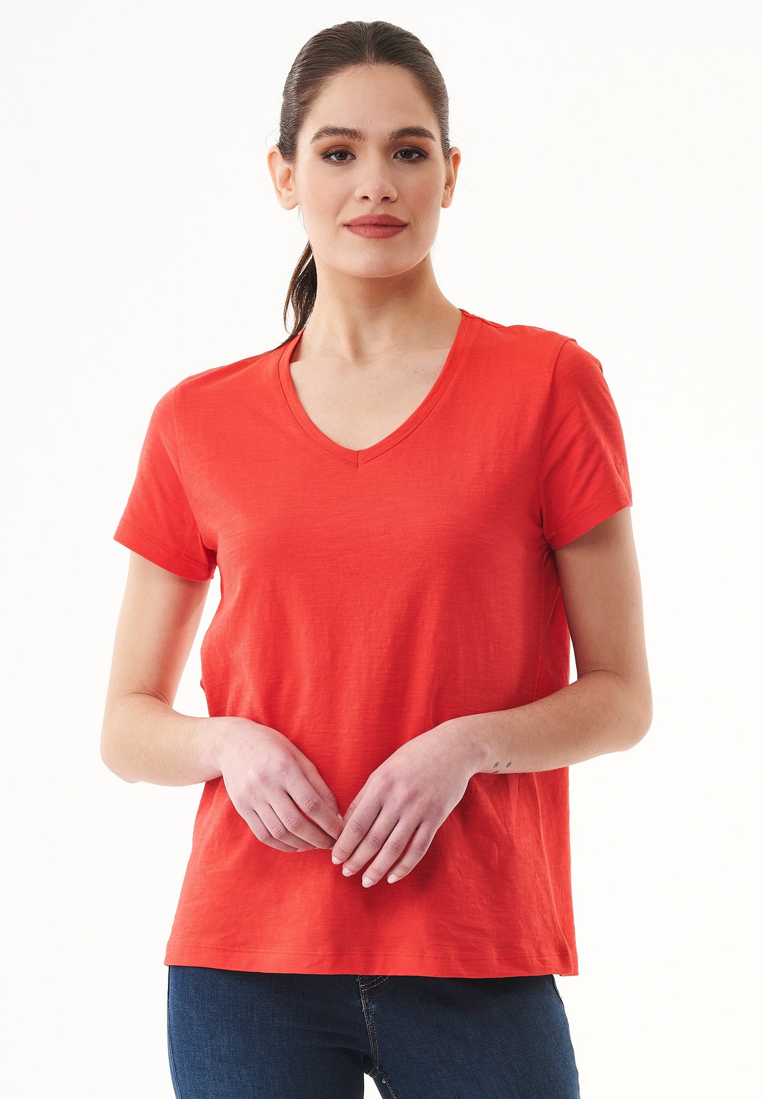 Dames V-hals T-shirt Dusty Red