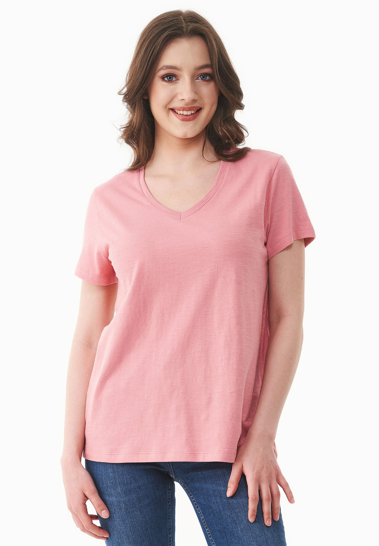 Dames V-hals T-shirt Flamingo Pink