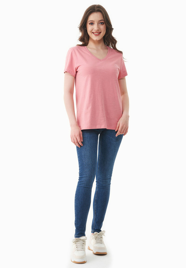 Dames V-hals T-shirt Flamingo Pink