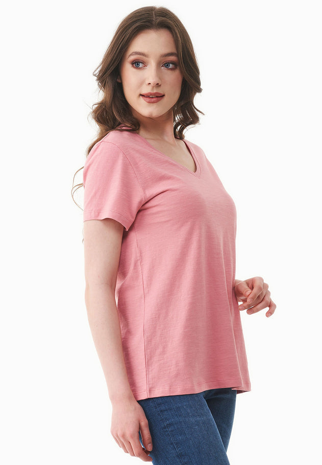Dames V-hals T-shirt Flamingo Pink