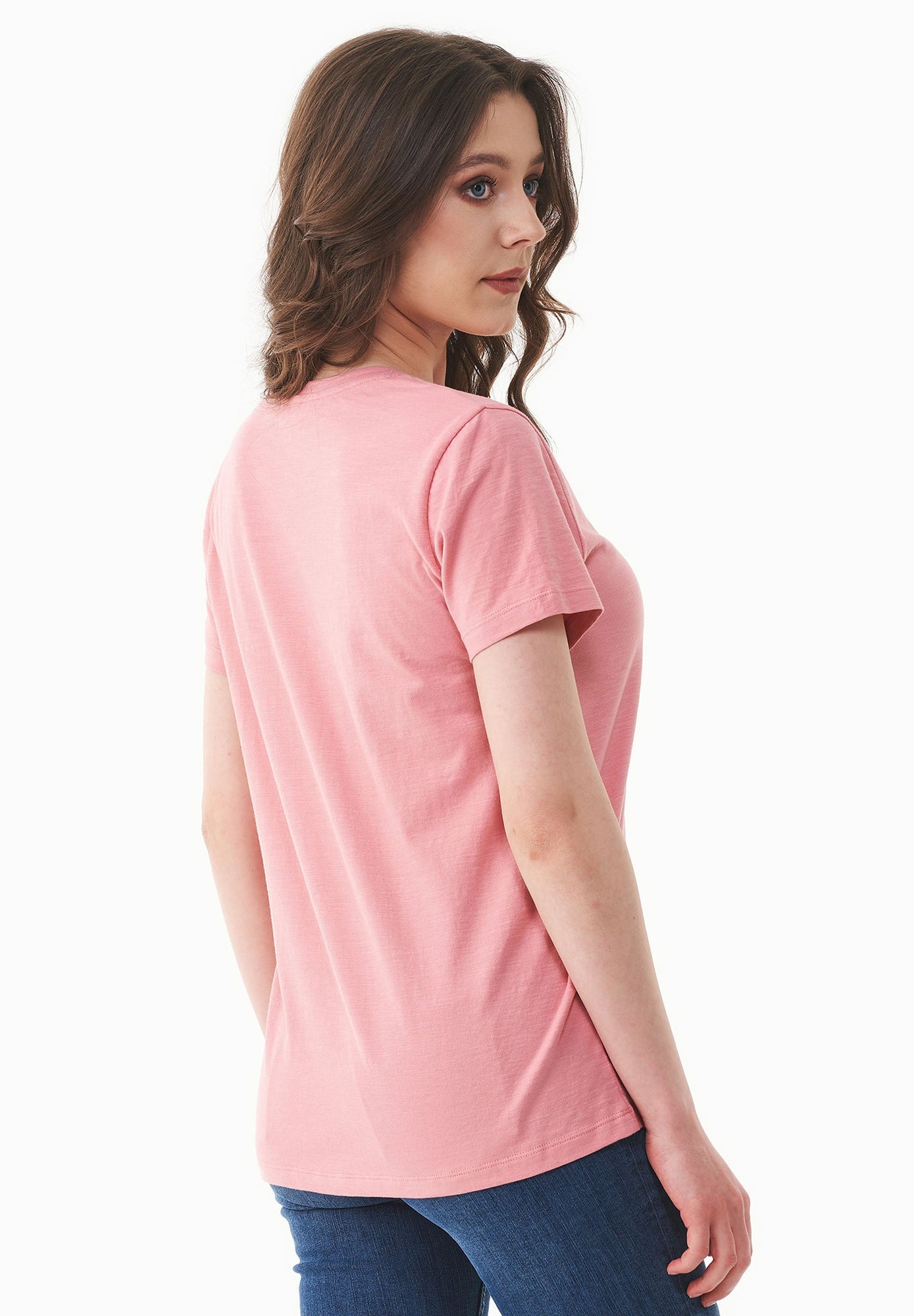 Dames V-hals T-shirt Flamingo Pink