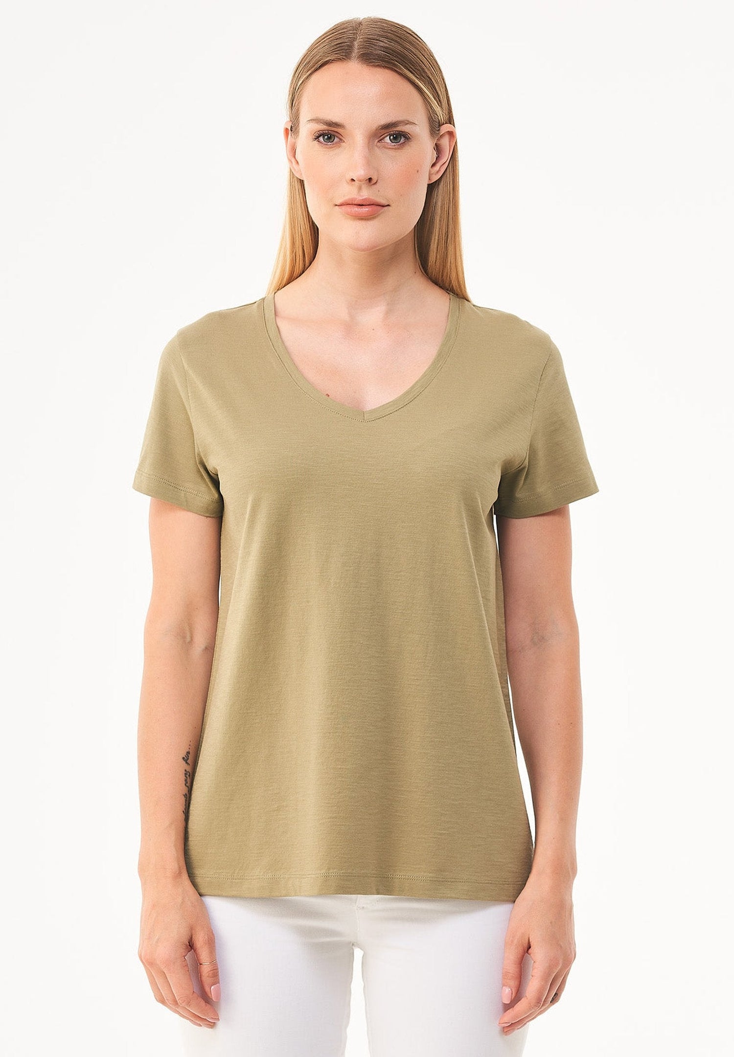 Dames V-hals T-shirt Olijf