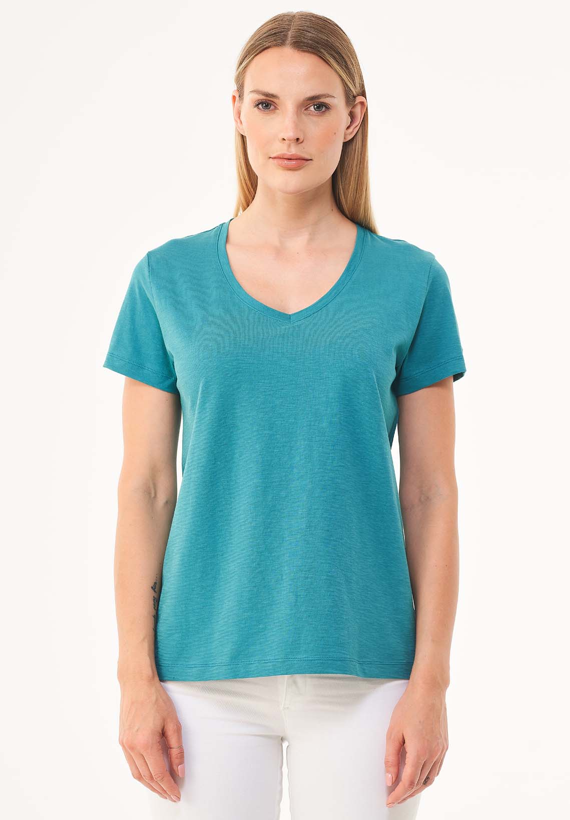 Dames V-hals T-shirt Petrol Green