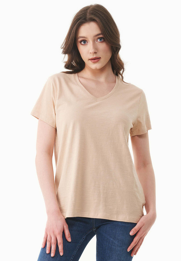 Women's Basic V-Neck T-Shirt Soft Beige