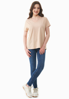 Women's Basic V-Neck T-Shirt Soft Beige