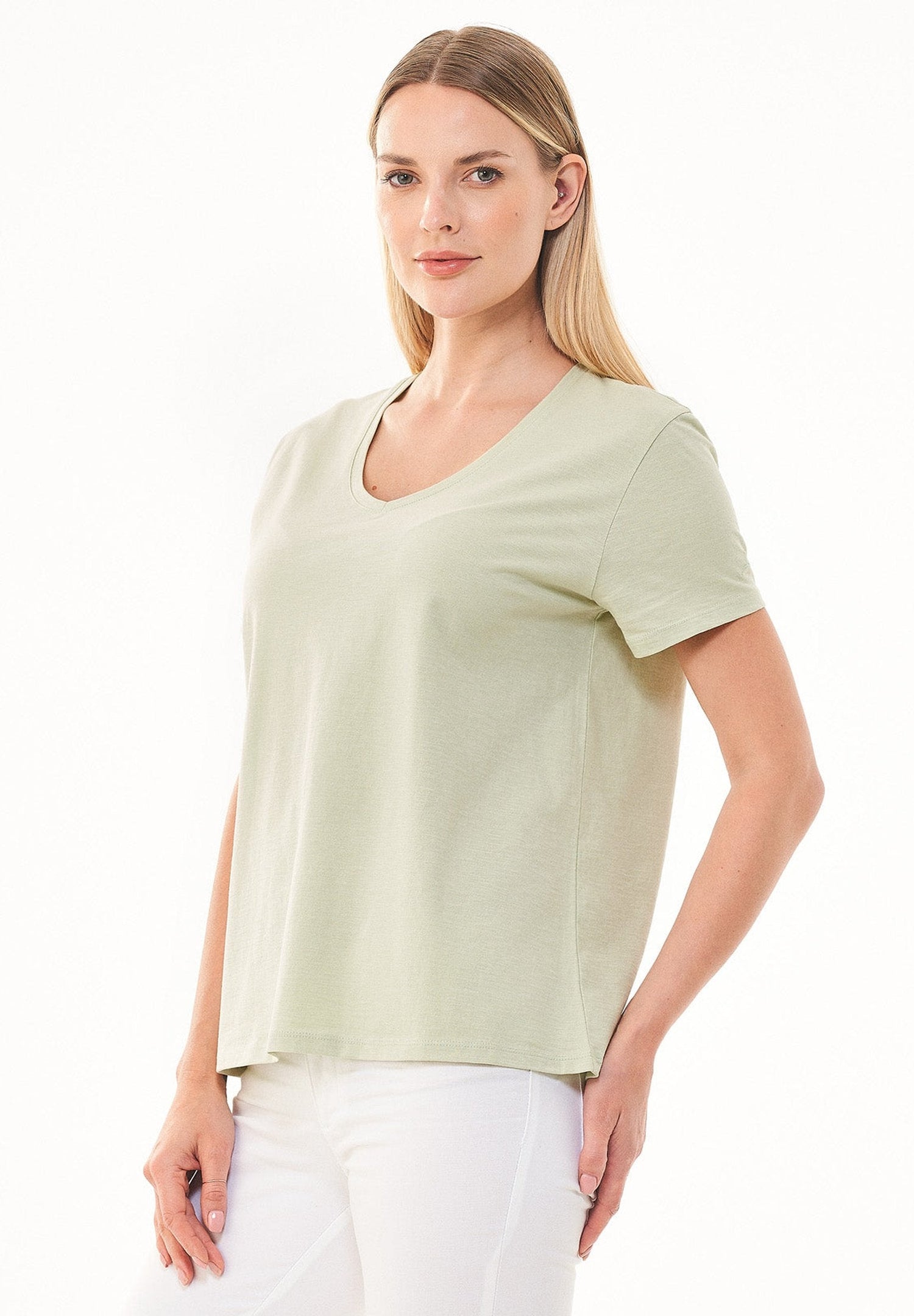 Dames V-hals T-shirt Soft Green