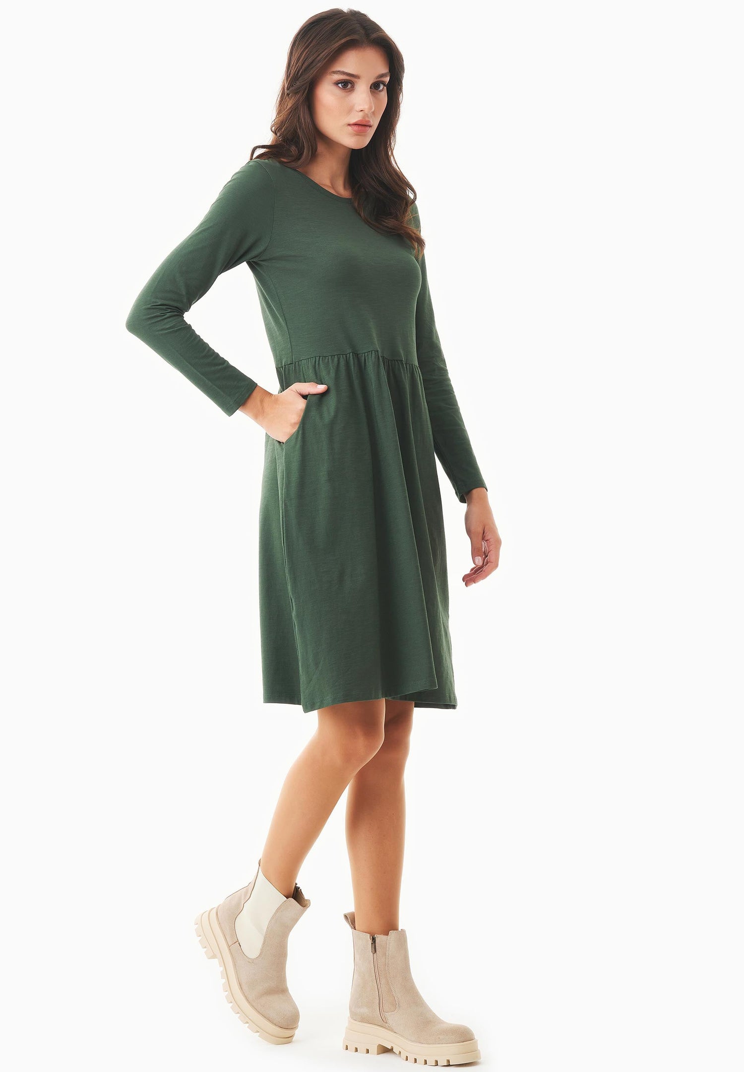 Longsleeve Jersey Jurk Dark Olive Green