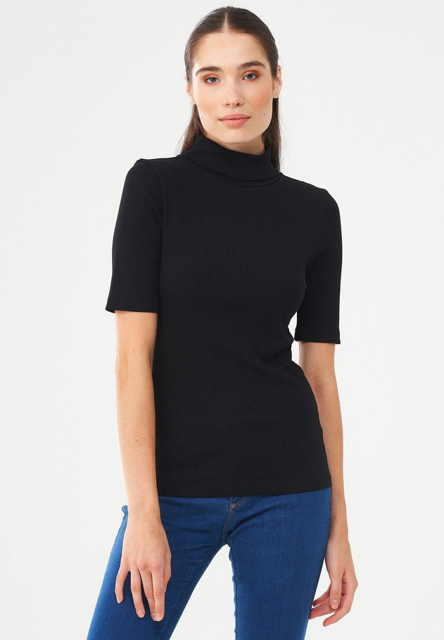 Women's Short Sleeved Cotton Turtleneck Black