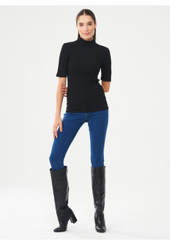 Women's Short Sleeved Cotton Turtleneck Black