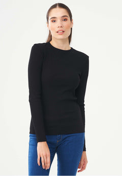 Women's Ribbed Round Neck Long-Sleeved Top Black