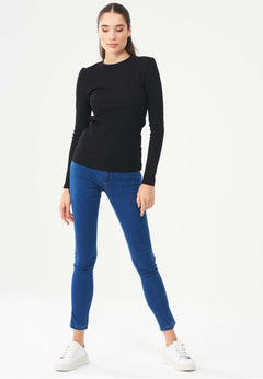 Women's Ribbed Round Neck Long-Sleeved Top Black