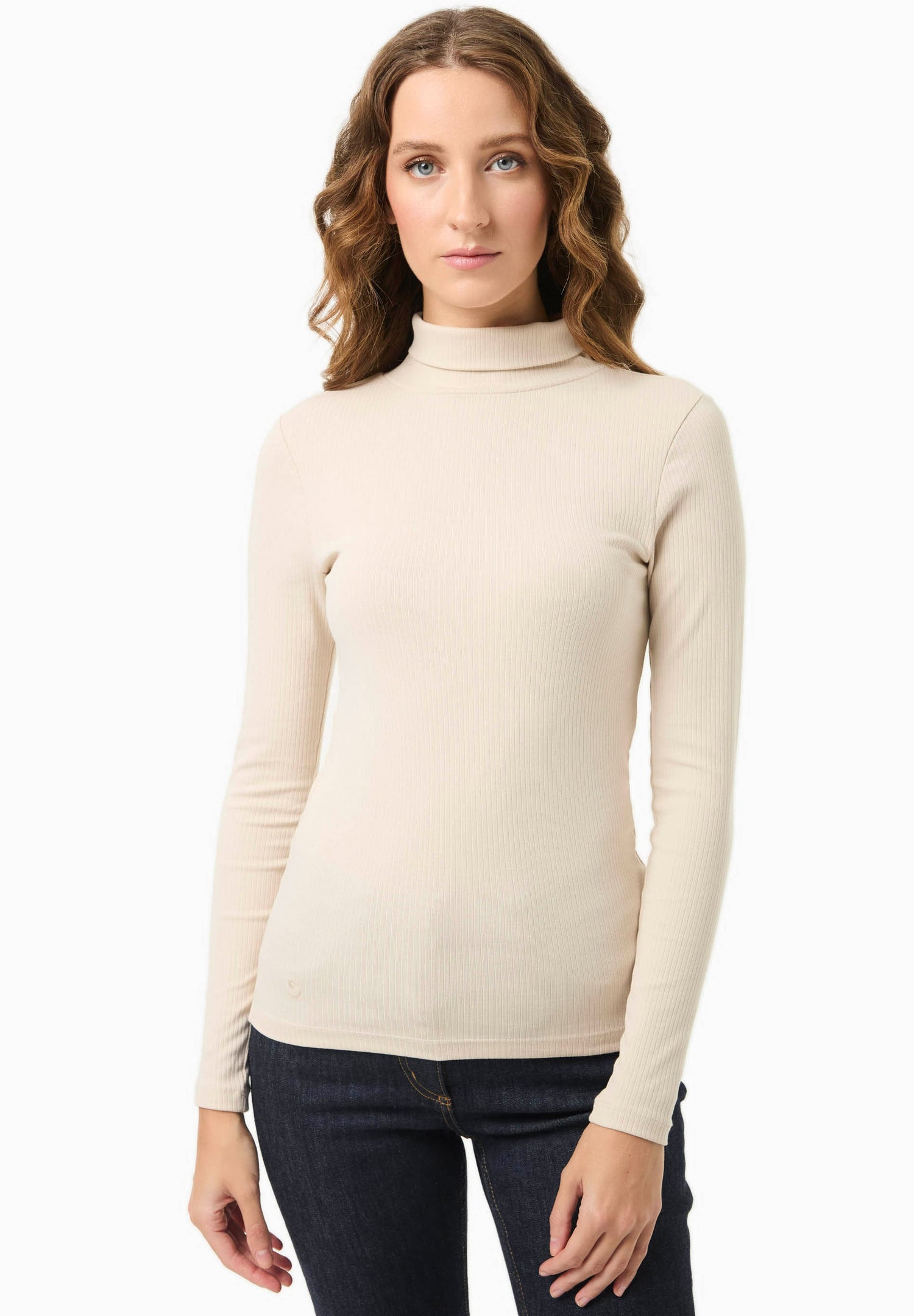 Women's Long Sleeved Cotton Turtleneck Stone