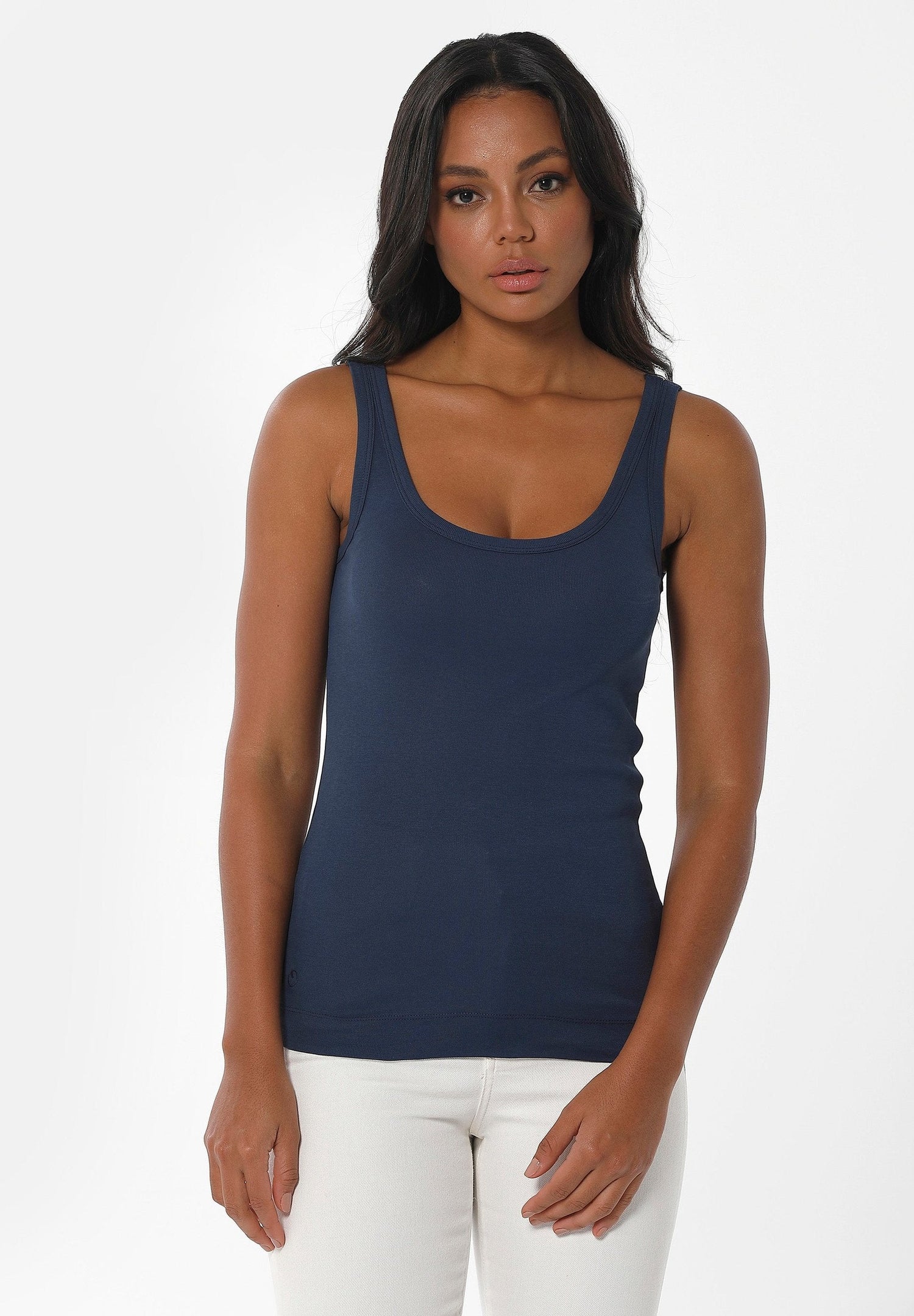 Dames Geribbeld Top Marineblauw