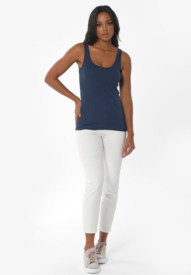 Dames Geribbeld Top Marineblauw