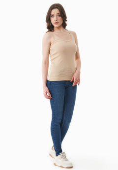 Dames Geribbeld Top Soft Beige