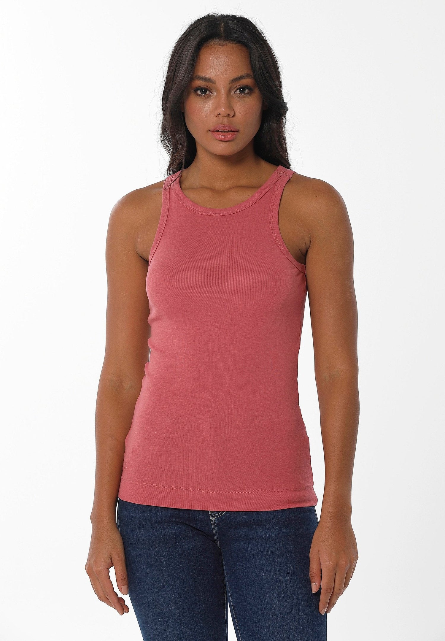 Women's High Neckline Ribbed Top Desert Rose Pink