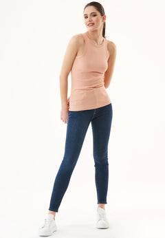 Dames Hoge hals Geribbeld Top Indian Tan Beige
