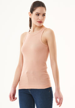 Dames Hoge hals Geribbeld Top Indian Tan Beige