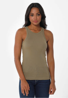 Dames Hoge hals Geribbeld Top Olive Green