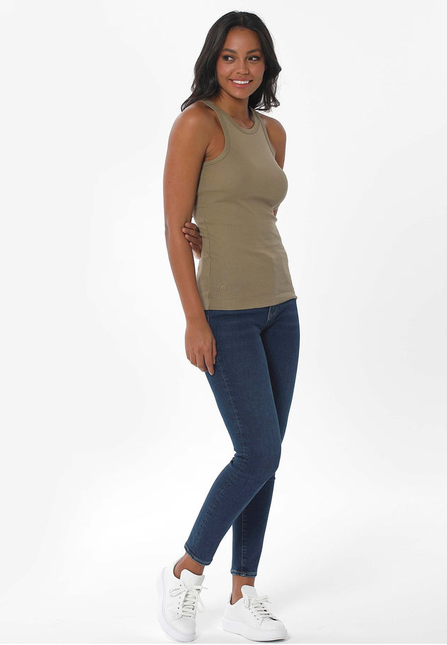 Dames Hoge hals Geribbeld Top Olive Green
