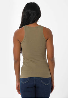 Dames Hoge hals Geribbeld Top Olive Green