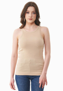 Dames Hoge hals Geribbeld Top Soft Beige