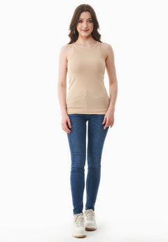 Dames Hoge hals Geribbeld Top Soft Beige