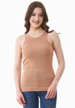 Dames Hoge hals Geribbeld Top Tan Beige