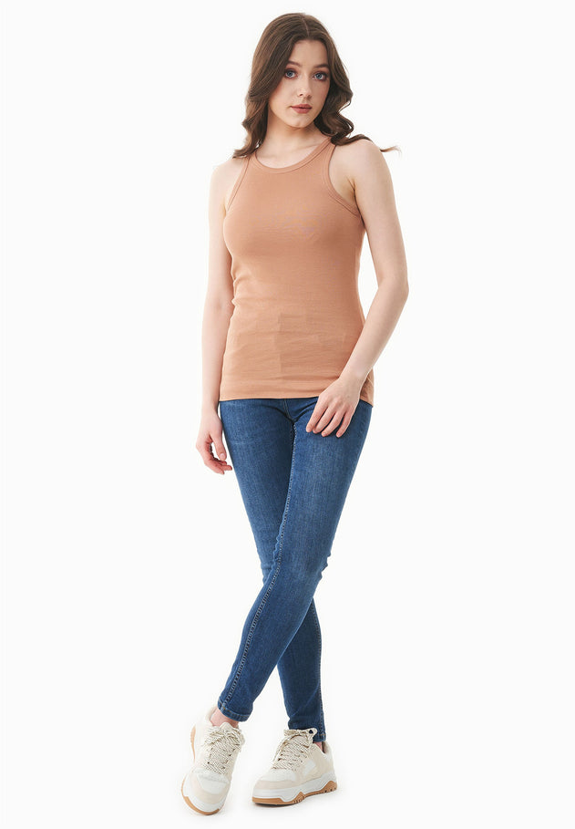 Dames Hoge hals Geribbeld Top Tan Beige