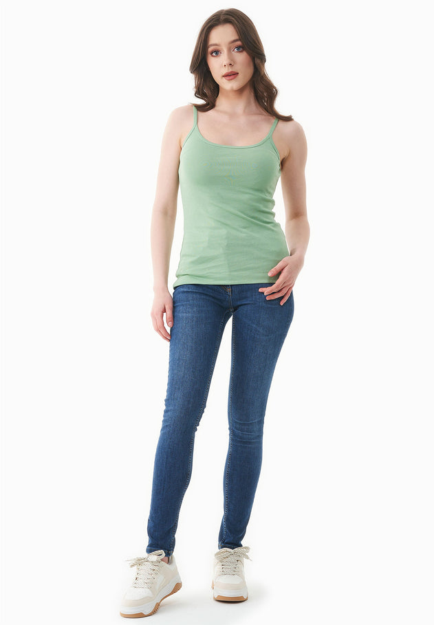 Dames Geribbeld Spaghettibandjestop Matcha Green